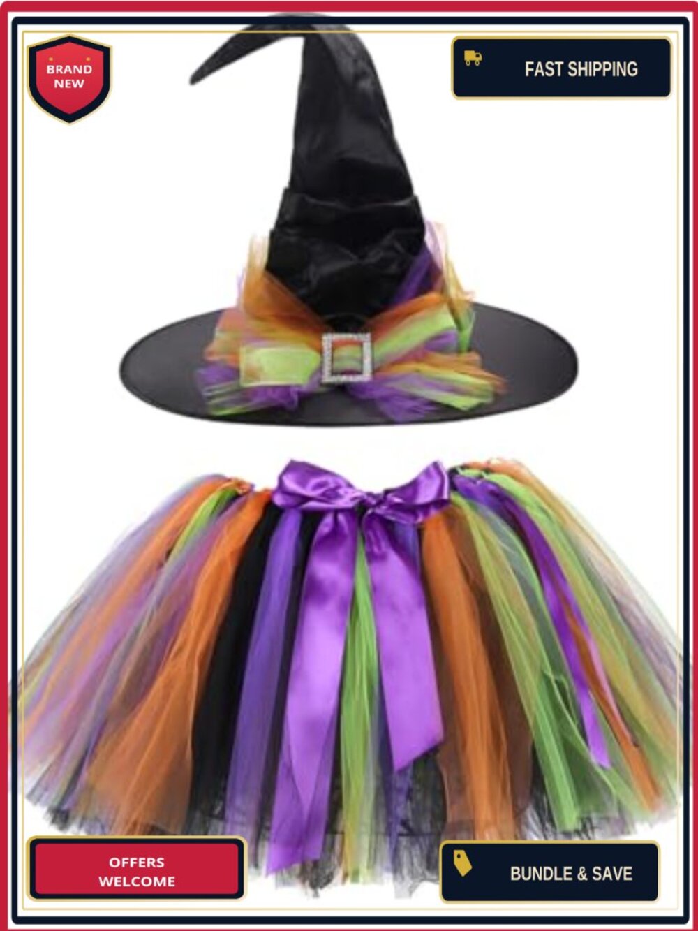 Witch Tutu Costume Set Double Layer Rainbow Tulle Hat Halloween Party Cosplay